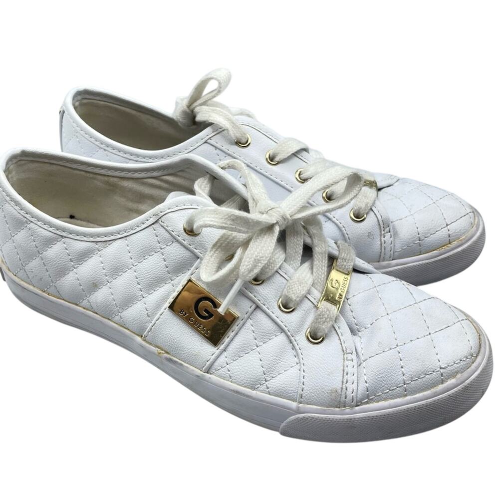 G By Guess White Faux Leather Quilted Lace Up Sneakers Womens 8
